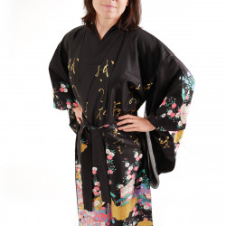 Japanischer traditioneller schwarzer Kimono für Frauen, UTAÔJO, brillante Gedichte und Prinzessinnen