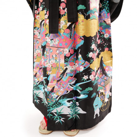 Kimono noir traditionnel japonais pour femme poèmes brillants et princesses