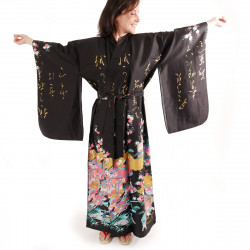 Japanese traditional black kimono gilt poem and princess for ladies