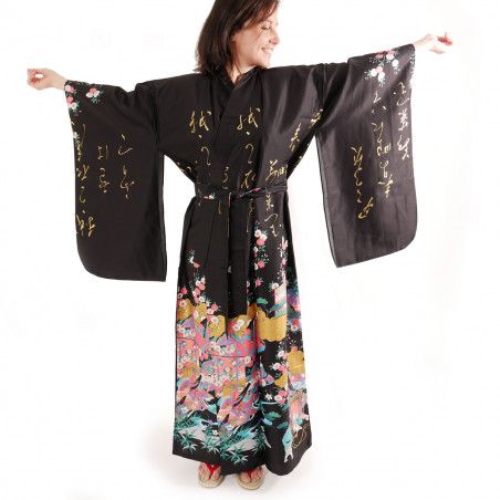 Japanese traditional black kimono gilt poem and princess for ladies