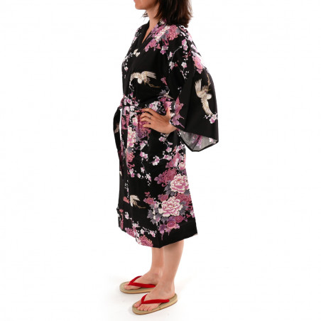 Japanese traditional black cotton sateen happi coat kimono flying crane and peony for ladies