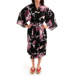 Japanese traditional black cotton sateen happi coat kimono flying crane and peony for ladies