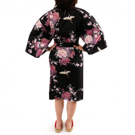 Japanese traditional black cotton sateen happi coat kimono flying crane and peony for ladies