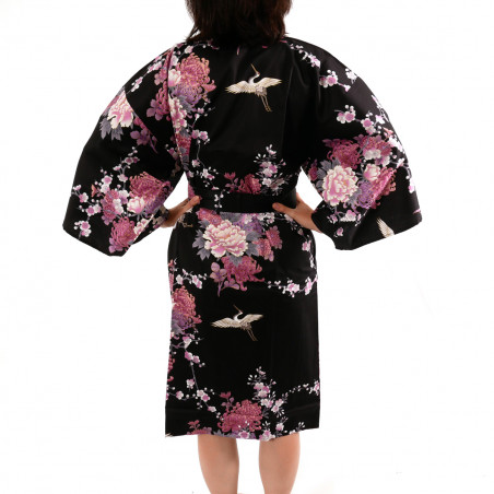 Happi japanischer Kimono aus schwarzer Baumwolle, PEONY TSURU, Kranich und Pfingstrose