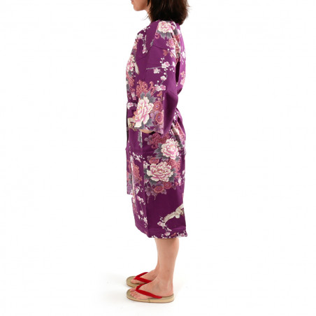 happi kimono traditionnel japonais violet en coton satin grue et pivoine pour femme