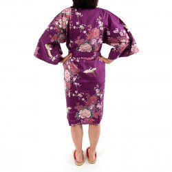 happi kimono traditionnel japonais violet en coton satin grue et pivoine pour femme