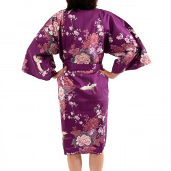 Happi lila japanischer Kimono aus Baumwolle, TSURU PEONY, Kranich und Pfingstrose