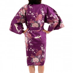 Japanese traditional purple cotton sateen happi coat kimono flying crane and peony for ladies