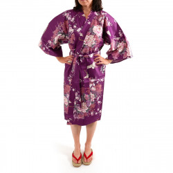 Happi lila japanischer Kimono aus Baumwolle, TSURU PEONY, Kranich und Pfingstrose