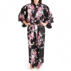 Kimono noir traditionnel japonais pour femme grue et pivoine