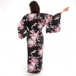 Japanischer schwarzer Kimono aus Baumwolle, TSURU PEONY, Kranich und Pfingstrose