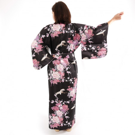 Japanese black kimono for women flying crane and peony