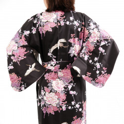 Japanischer schwarzer Kimono aus Baumwolle, TSURU PEONY, Kranich und Pfingstrose