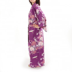 Kimono in cotone giapponese viola, TSURU PEONY, gru e peonia