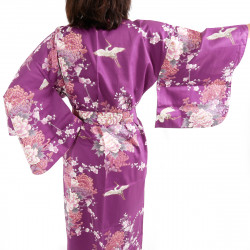 Lila japanischer Baumwoll-Kimono, TSURU PEONY, Kranich und Pfingstrose