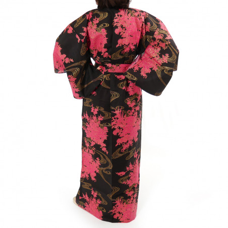 japanischer Yukata Kimono aus schwarzer Baumwolle, PEONY, schwimmende Pfingstrosen