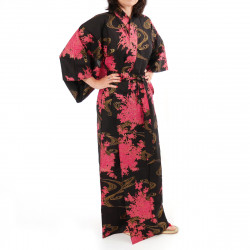 kimono giapponese yukata in cotone nero, PEONY, peonie galleggianti