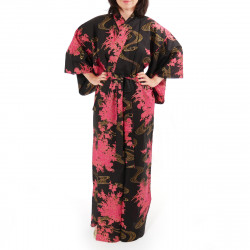 yukata japonés kimono algodón negro, PEONY, peonías flotantes