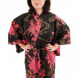 kimono giapponese yukata in cotone nero, PEONY, peonie galleggianti