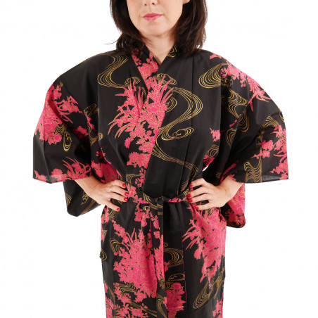 kimono yukata traditionnel japonais noir en coton pivoines flottantes pour femme