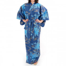 kimono yukata traditionnel japonais bleu en coton pivoines flottantes pour femme