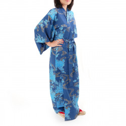 yukata japonés kimono algodón azul, PEONY, peonías flotantes