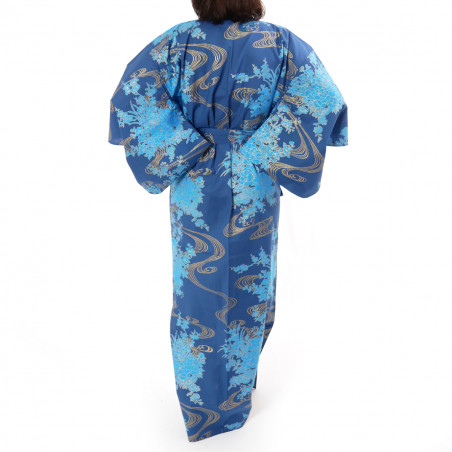 yukata japonés kimono algodón azul, PEONY, peonías flotantes