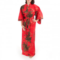 kimono giapponese yukata in cotone rosso, PEONY, peonie galleggianti