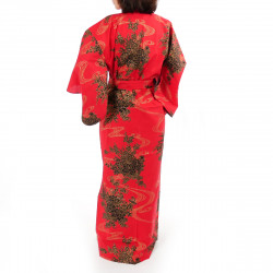 kimono yukata traditionnel japonais rouge en coton pivoines flottantes pour femme