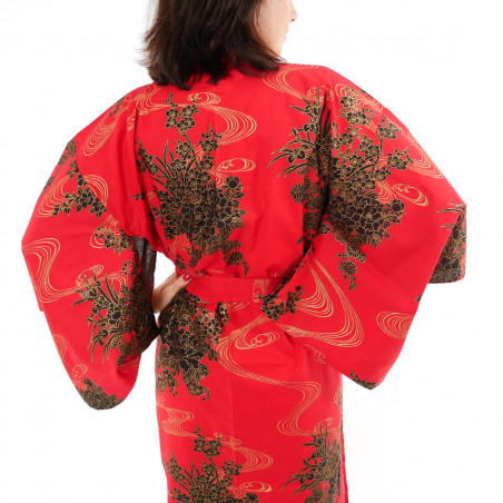 Japanese traditional red cotton yukata kimono flowing peony for ladies