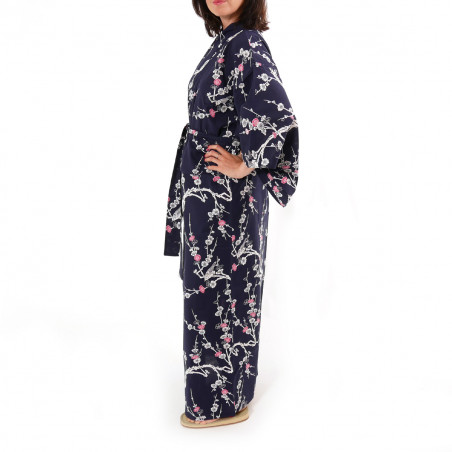 kimono giapponese yukata in cotone blu, UME, fiore di pruno