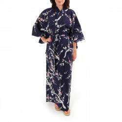 japanische Yukata Kimono blaue Baumwolle, UME, Pflaumenblüte