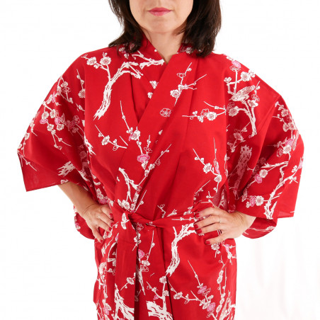 Japanese traditional red cotton yukata kimono japanese plum for ladies