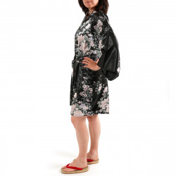 Japanese traditional black sateen hanten kimono poetry and flowers for ladies