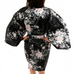 hanten kimono giapponese nero satinato, UTAUME, poesia e fiori