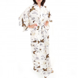 yukata japonés kimono algodón blanco, TSURU, grúas