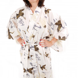 Japanese traditional white cotton yukata kimono crane for ladies