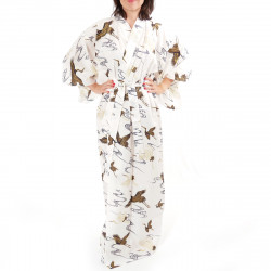 Japanese traditional white cotton yukata kimono crane for ladies