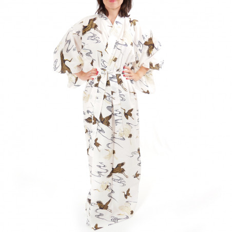 Japanese traditional white cotton yukata kimono crane for ladies