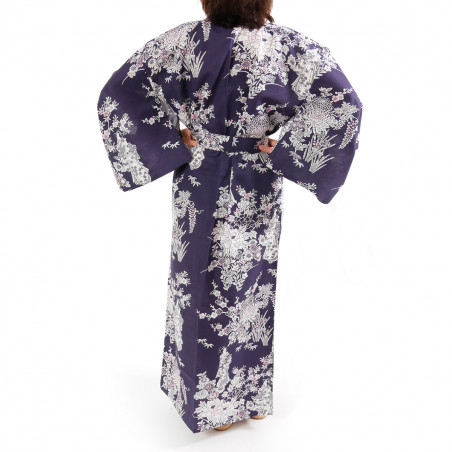 kimono yukata traditionnel japonais bleu en coton fleurs pivoine et beautés japonaises pour femme