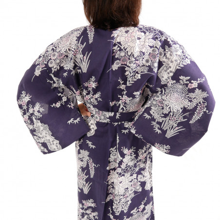 kimono giapponese yukata in cotone blu, PEONY GEISHA, Peonia e bellezze giapponesi