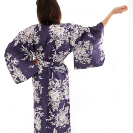 kimono giapponese yukata in cotone blu, PEONY GEISHA, Peonia e bellezze giapponesi