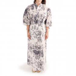 kimono giapponese yukata in cotone bianco, PEONY GEISHA, fiori di peonia e bellezze giapponesi