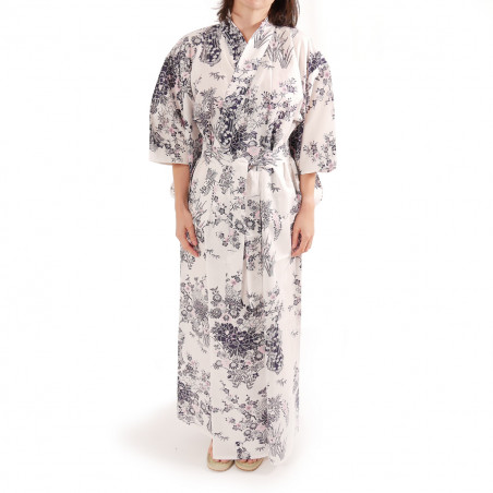 japanischer Yukata Kimono weiße Baumwolle, PEONY GEISHA, Pfingstrosenblumen und japanische Schönheiten