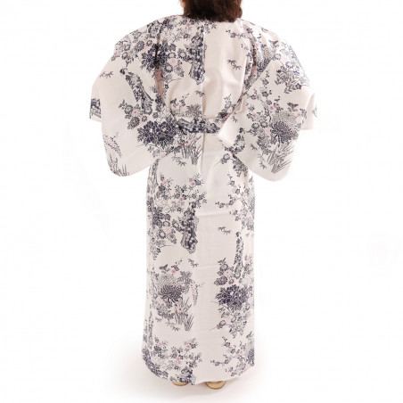 kimono yukata traditionnel japonais blanc en coton fleurs pivoine et beautés japonaises pour femme