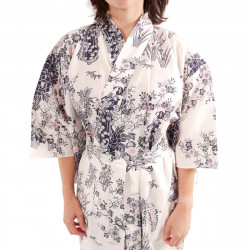 yukata japonés kimono algodón blanco, PEONY GEISHA, flores de peonía y bellezas japonesas