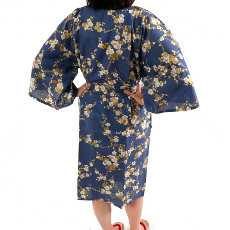 Happi Kimono blau japanische Baumwolle, SHIRAUME, weiße Pflaumenblüten