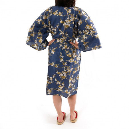 Happi Kimono blau japanische Baumwolle, SHIRAUME, weiße Pflaumenblüten