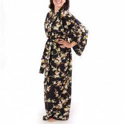 kimono giapponese yukata in cotone nero, SHIRAUME, fiori di prugna bianca