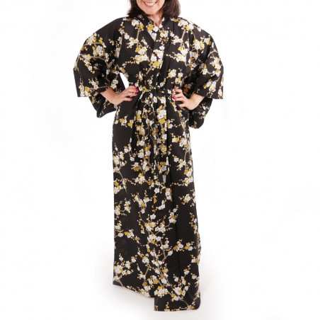 Japanese traditional black cotton yukata kimono white plum for ladies